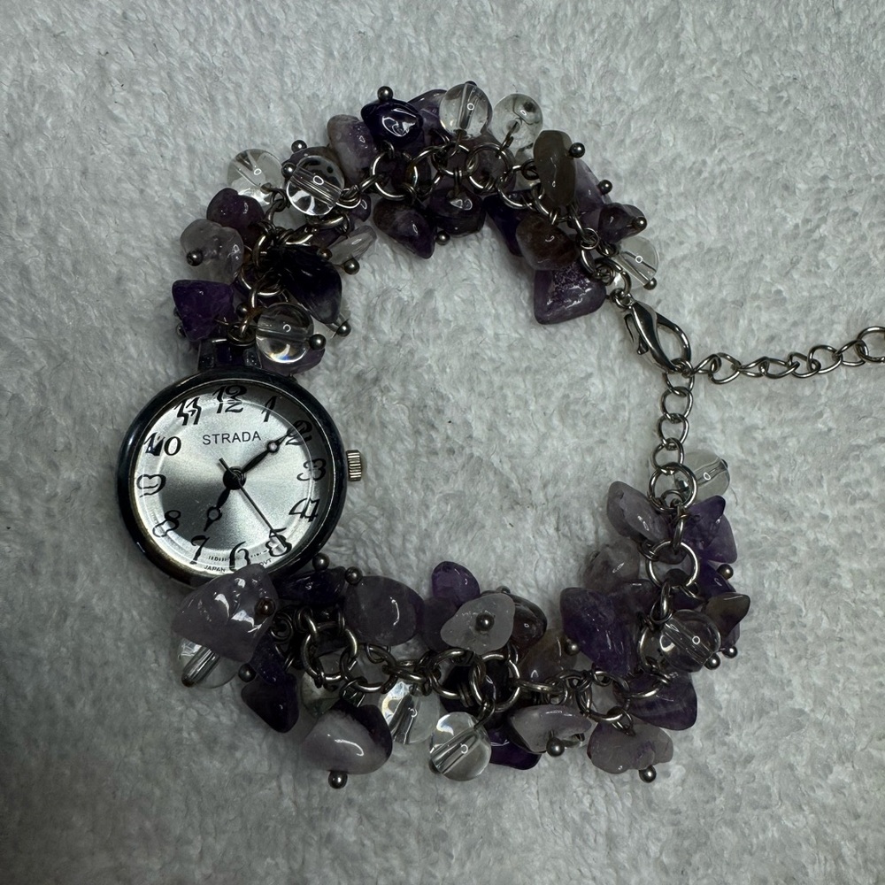 Strada Women's Watch with Silver Dial and Purple Stone Bracelet